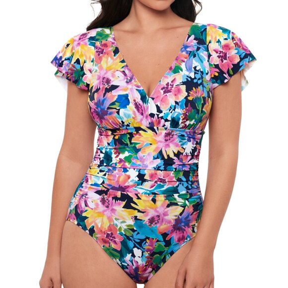 Swim Solutions Garden Dreams Flutter-Sleeve One-Piece Swimsuit - Picture 1 of 12